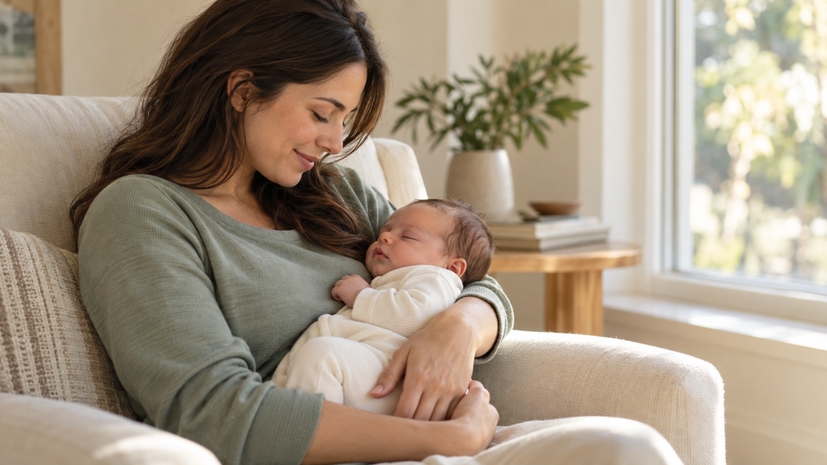 A mother holding her baby beside a sunlit window